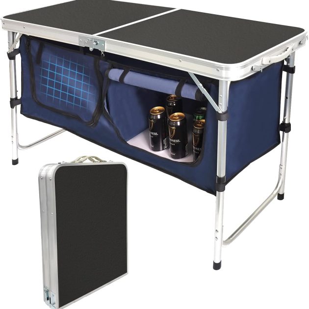 Black Aluminum Folding Camp Table with Storage