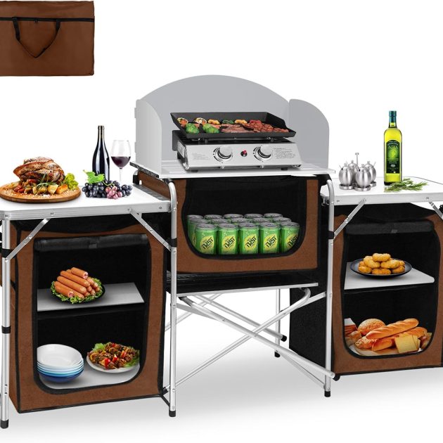Brown Aluminum Camping Kitchen Table with Windscreen