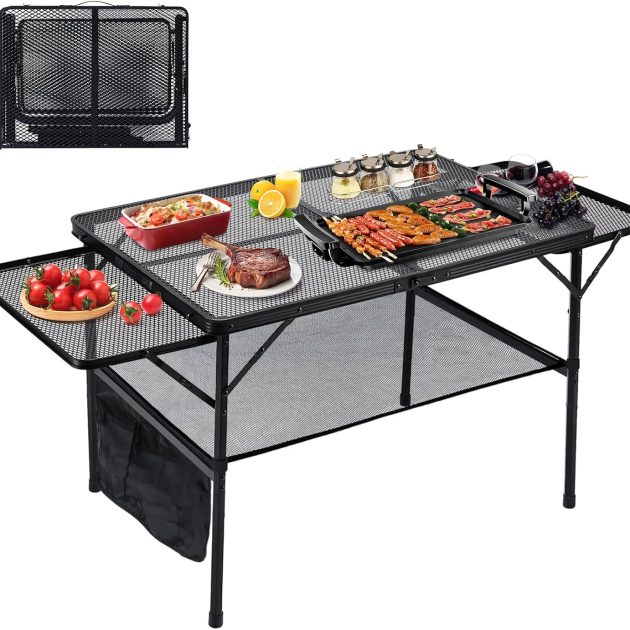 4.4ft Height-Adjustable Folding Grill Table with Mesh