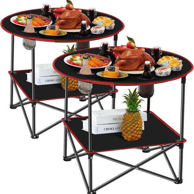 2-Tier Folding Camping Table with Cupholders