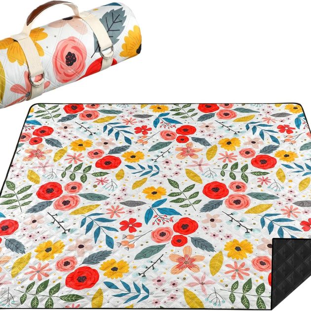 Beige Floral 80x80 Waterproof Picnic Blanket