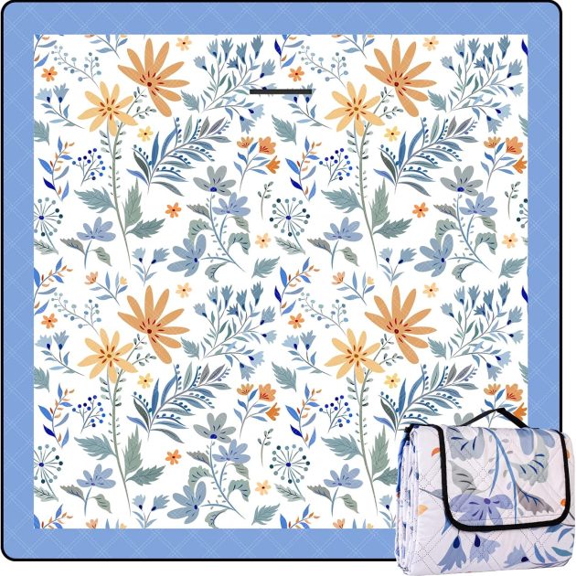 White Floral 79x79 Waterproof Picnic Blanket
