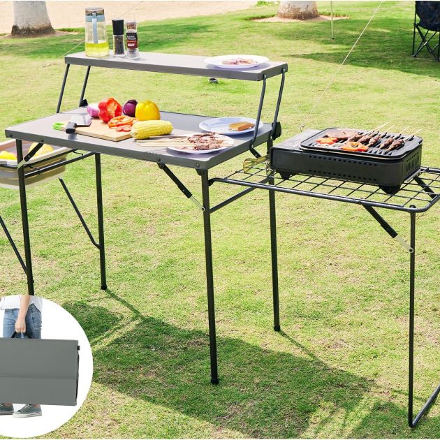 Grey Folding Grill Table with Stand